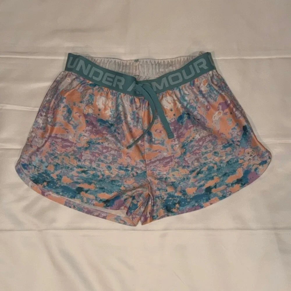 Under Armour Athletic Shorts Kids Youth Large Multicolor‎ Teal Watercolor Print